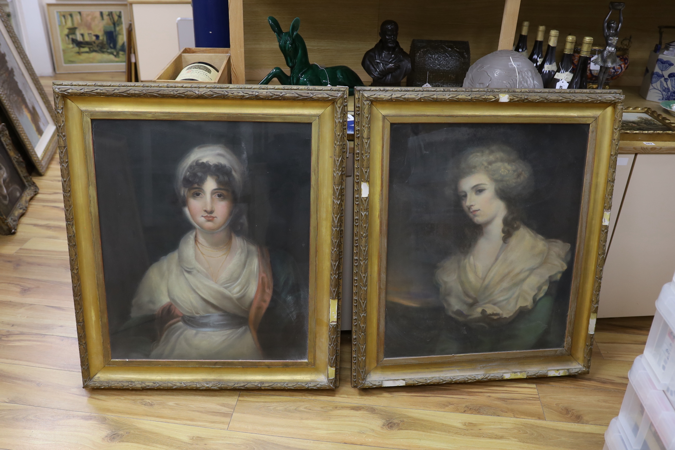 After Sir Thomas Lawrence, pair of pastels, Mrs Siddons, as Mrs Haller in ‘The Stranger’ and Miss Frances Harfield after Romney, 74 x 61cm